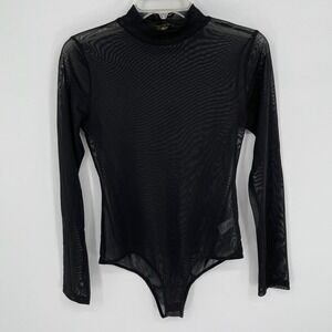 Shinestar Women's Black Sheer Mesh Long Sleeve Mock Neck Bodysuit Size M
